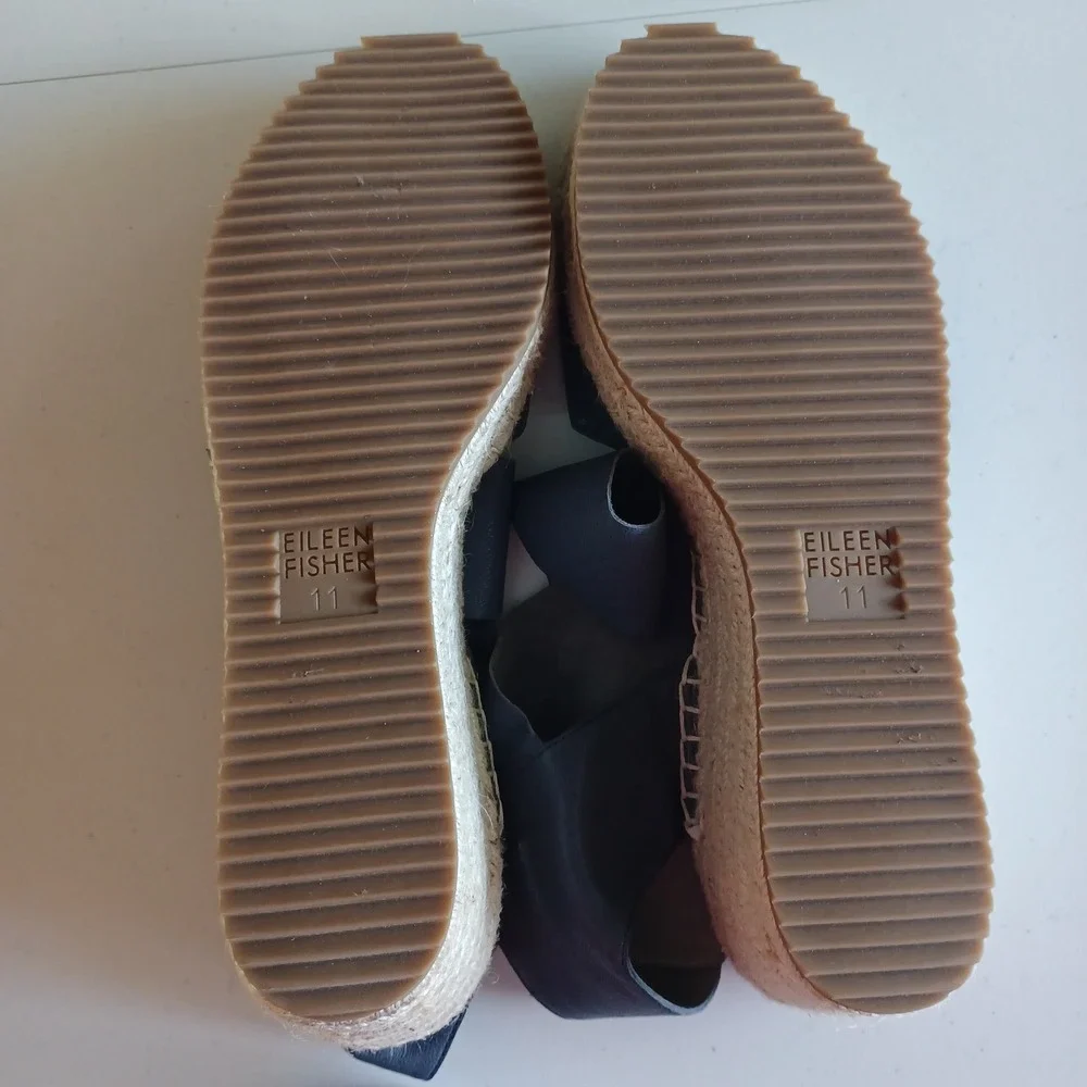 Eileen Fisher Slate Blue Leather Espadrille Wedge Sandals Women 11 Platform NWOT